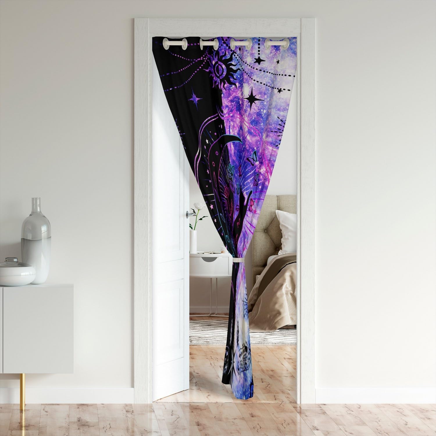 Castle Fairy Dreamy Starry Galaxy Door Curtain, Cute Cat Wild Butterfly Decor, Blue Purple Tie Dye Clouds, Exotic Door Drape, Bedroom Privacy, 1 Panel, 34" W x 80" L