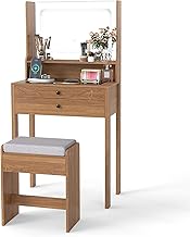 COSTWAY Makeup Vanity with Power Outlets, Makeup Table with Light and Mirror, 3 Modes, Dressing Table with Padded Stool, Glass Countertop, Open Shelf and 2 Drawers (Natural)