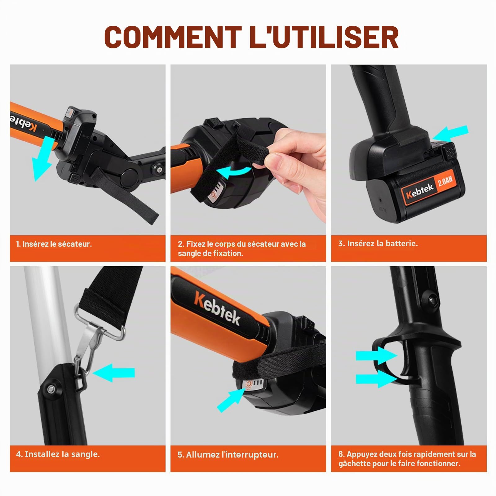 Kebtek Sécateur électrique sans fil de 40 mm avec tige d'extension, moteur sans balais 18 V, 2 Ah, batterie rechargeable, écran LCD (KT940-SET)
