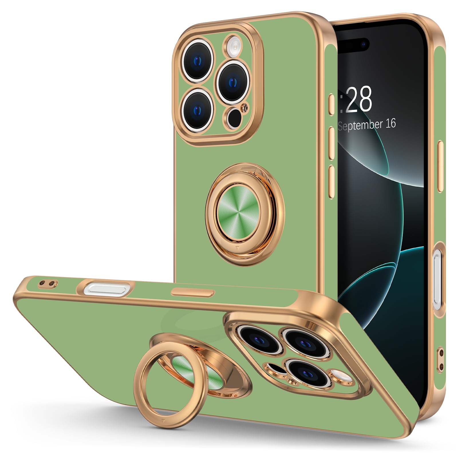 Hython for iPhone 16 Pro Max Case with Ring Stand, 360° Rotatable Ring Holder Magnetic Kickstand, Plating Rose Gold Edge Soft Cover Protective Phone