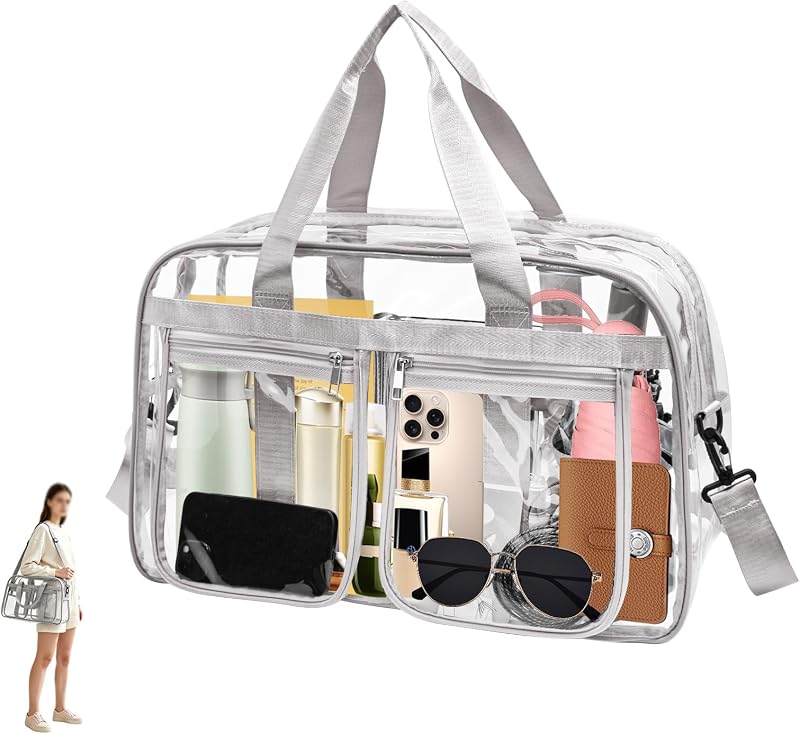 Bolsa tote transparente Enkrio com zíper, alça ajustável e bolsos frontais