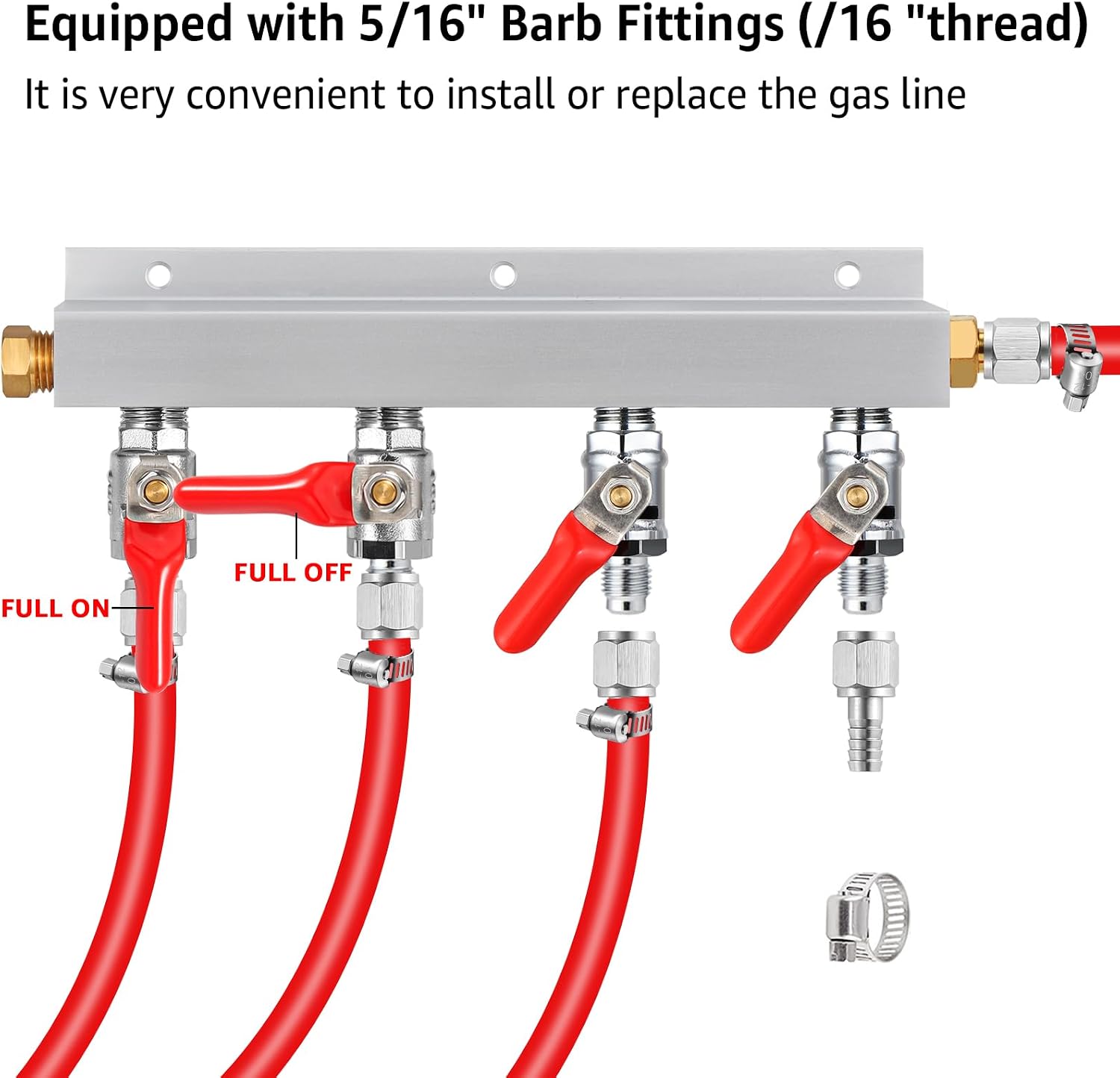 MRbrew Gas Manifold with 5/16'' Swivel Nut Barb, CO2 Gas Distributor for Homebrew Beer Kegerator Splitter, 4-Way Air Distributor with Integrated Check Valves & Hose Clamps