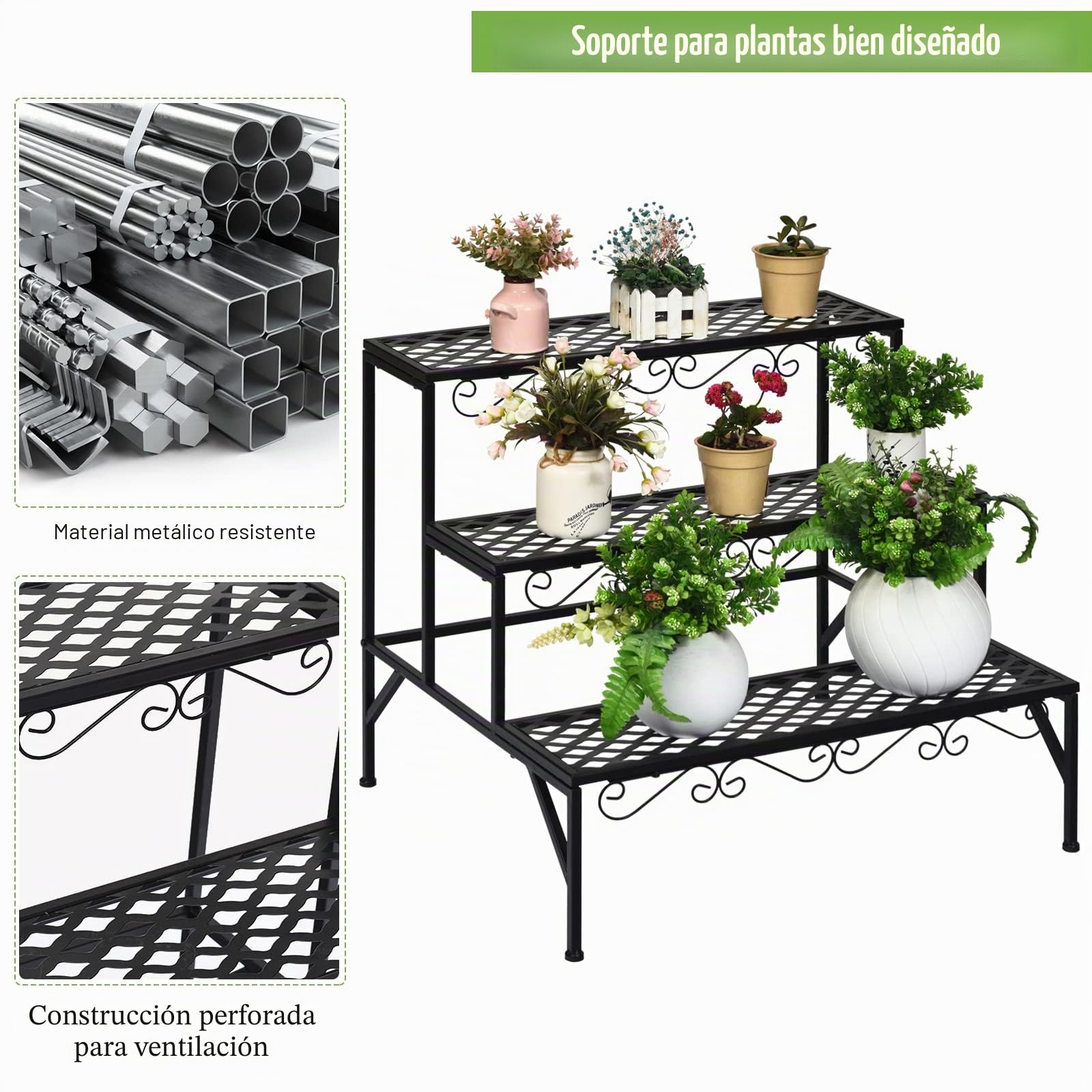 GOPLUS Soporte de metal para plantas, 3 niveles, escalera para flores, escaleras para plantas, para jardín, balcón, negro, 70 x 60 x 60,5 cm (rectangular con diseño)