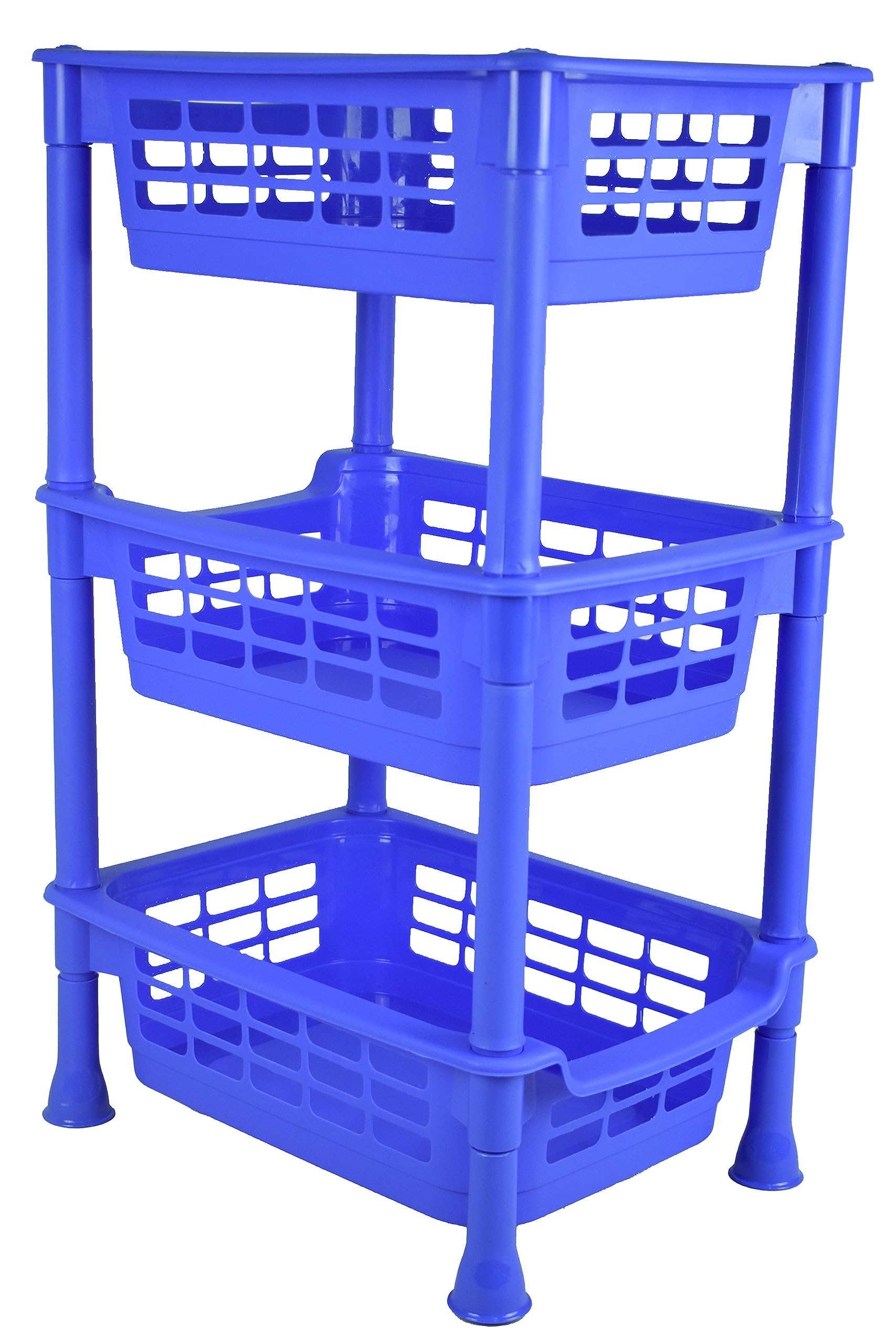 Sterling Ventures Fruits Vegetable Rack Kitchen, Pantry, Bathroom, Garage, Workplace Storage Utility Basket 3 & 4 Tier Plastic Rack Movable Organiser Household Basket (3 Tier - Blue)