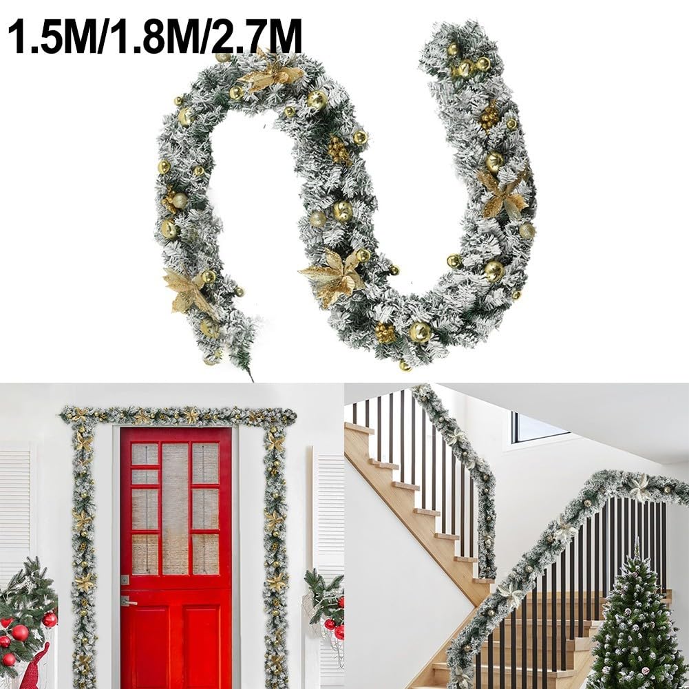 DAZZLEEX Weihnachtsgirlande, PVC-Kiefer mit goldfarbenen Kugeln, weißen Ornamenten und silbergrünen Akzenten für Kaminsims, Tür, Treppe, festliche Heimdekoration, hängender Anhänger (2,7 m, Silber)