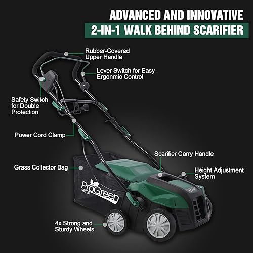 Miniatura 4 de Escarificador 2 en 1 de 16 pulgadas, escarificador eléctrico de 15 amperios, desthatcher de césped para el cuidado del patio, césped, jardín, bolsa