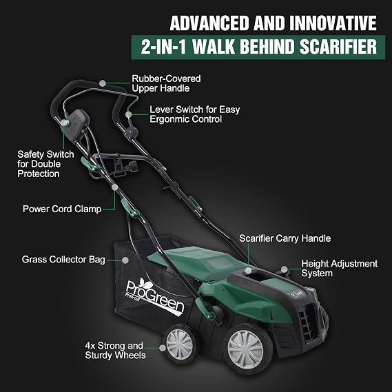 Heavy-Duty Electric Garden Scarifier and Dethatcher - 16 Width, 15 Amp, 2-in-1 Lawn Care, with 58QT Collection Bag, Adjustable Heights, Ideal for Lawn Health and Maintenance