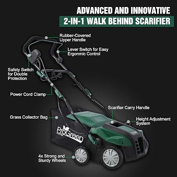 Heavy-Duty Electric Garden Scarifier and Dethatcher - 16 Width, 15 Amp, 2-in-1 Lawn Care, with 58QT Collection Bag, Adjustable Heights, Ideal for Lawn Health and Maintenance