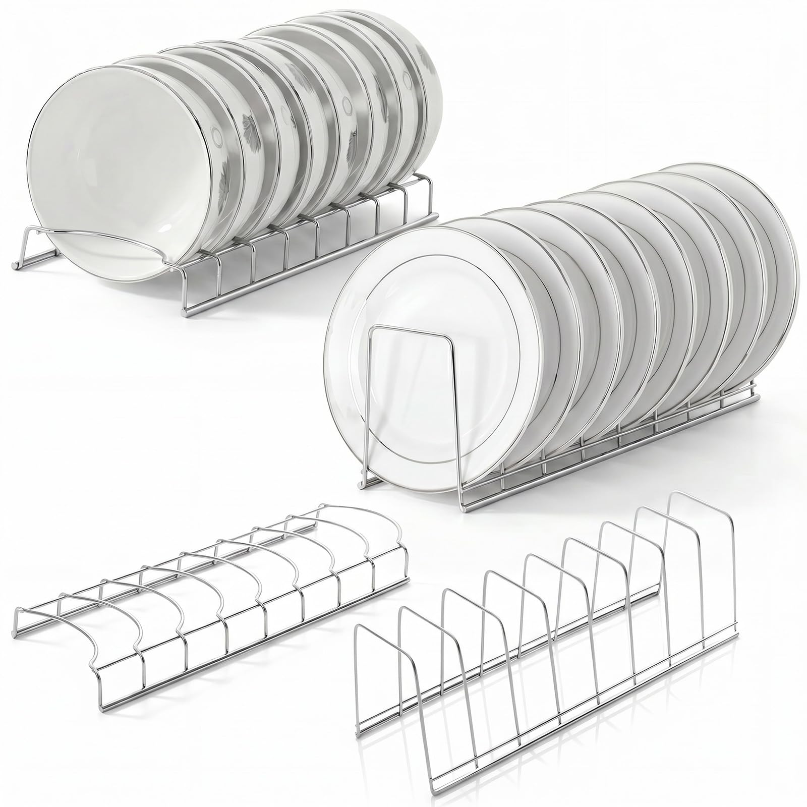 Dexpally 4 PCS Plate Rack Bowl Rack Set, Cupboard Plate Rack, Kitchen Plate Organiser, Stainless Steel Storage For Drying Bowls, Pots, Lids