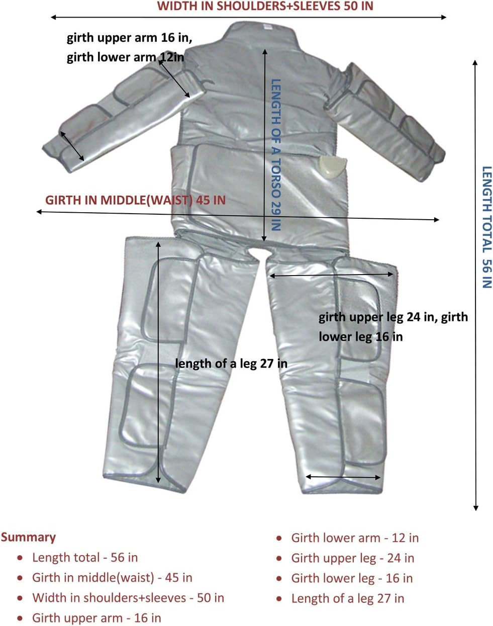 Far-Infrared Slimming Suit with dimensions