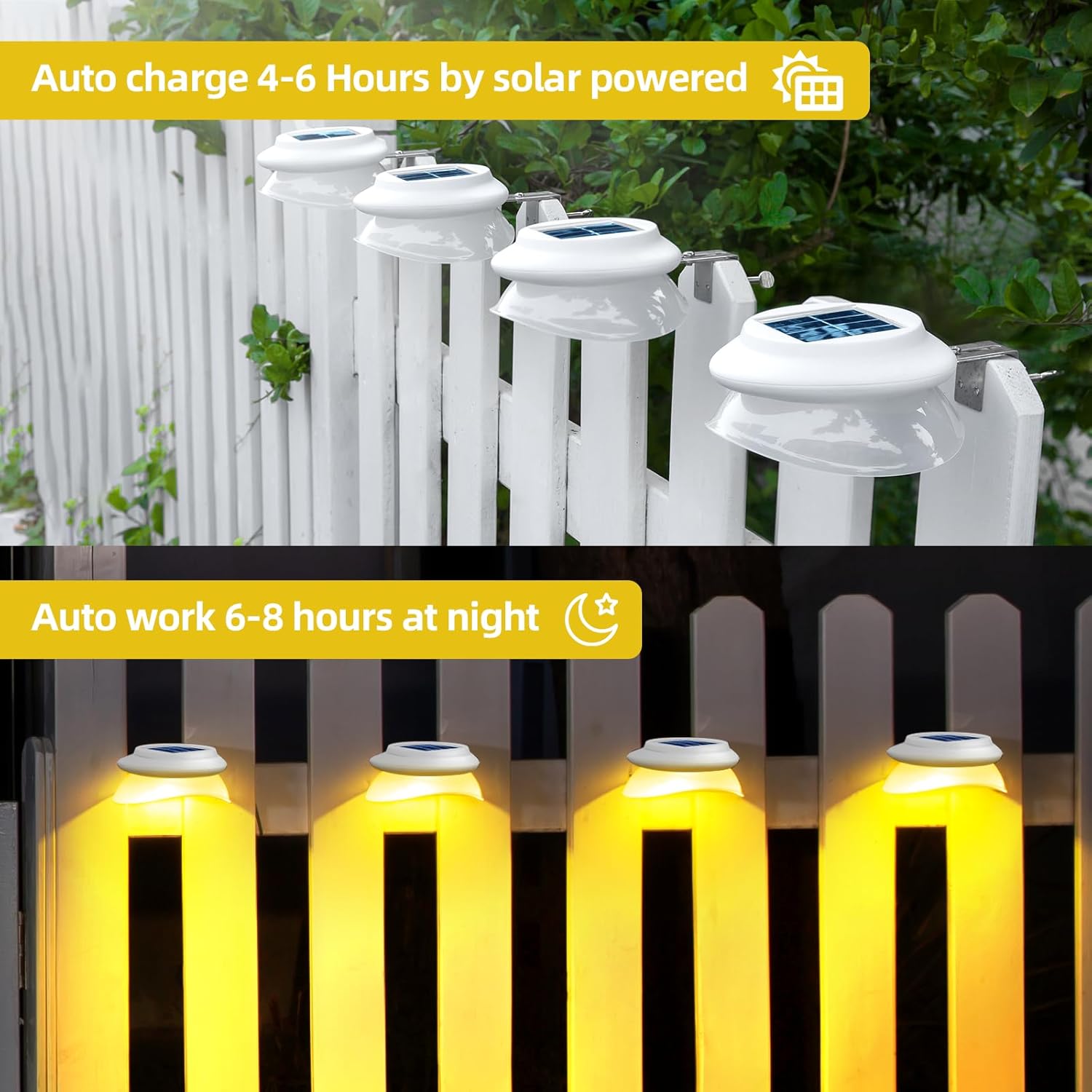 ROSHWEY Outdoor Fence Lights 6 Pack Solar Gutter Lights with 9 LED Waterproof for Wall Eaves Deck Railing Garden Landscape Yard (Warm White)