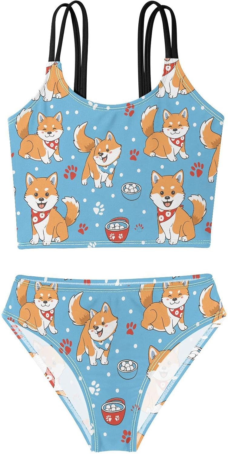 visesunny Girls Two Piece Swimsuits Shiba Inu Puppy Girl's Bikini Sets Bathing Suits for Girls Size 5-12Y