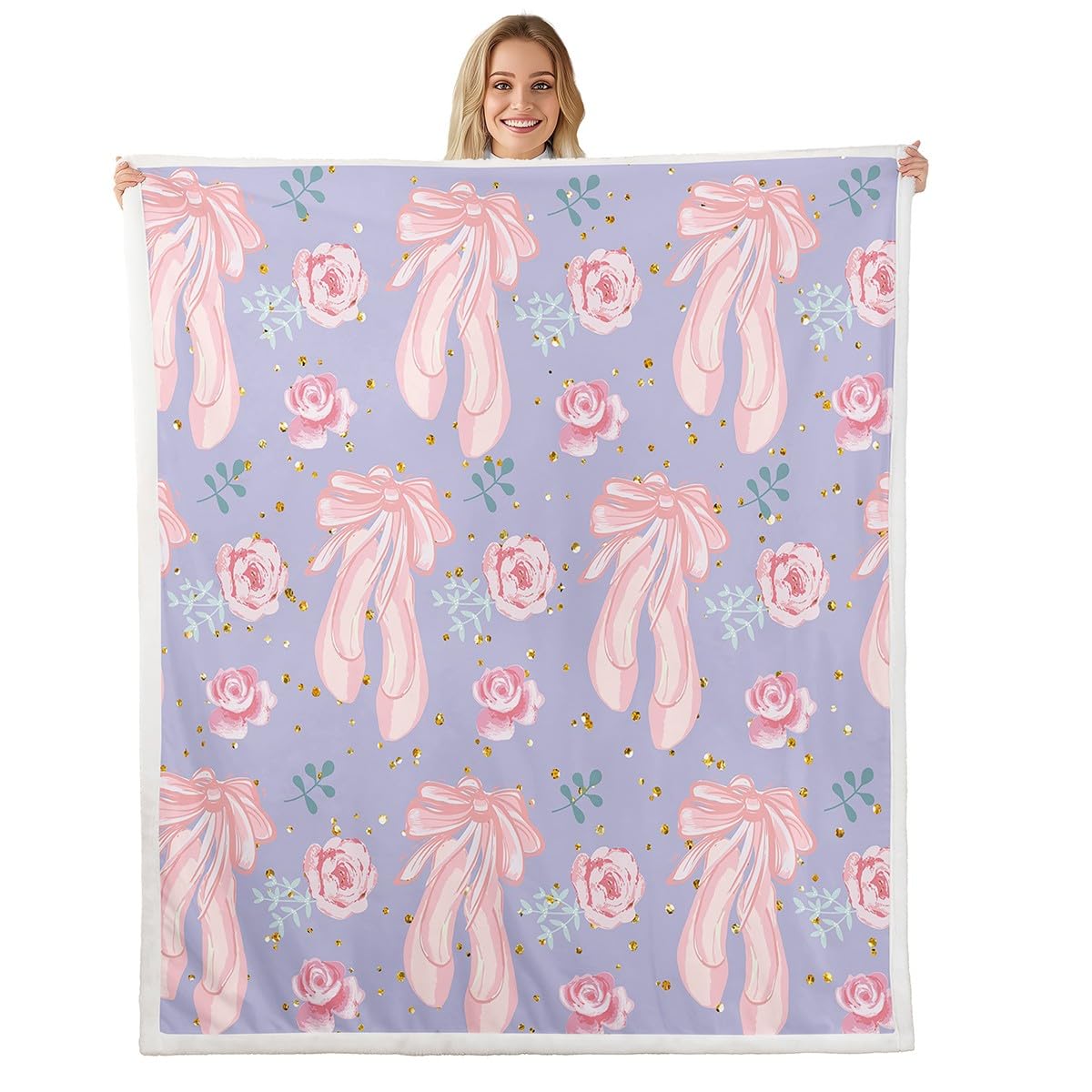 feelingyou Ballet Shoes Flannel Blanket,Princess Dancing Theme Bowknots Purple Pink Fleece Blanket for Room Decor,Romantic Flowers Golden Glitter Dots Throw Blanket for Sofa Couch,Throw 50"x60" — image 1