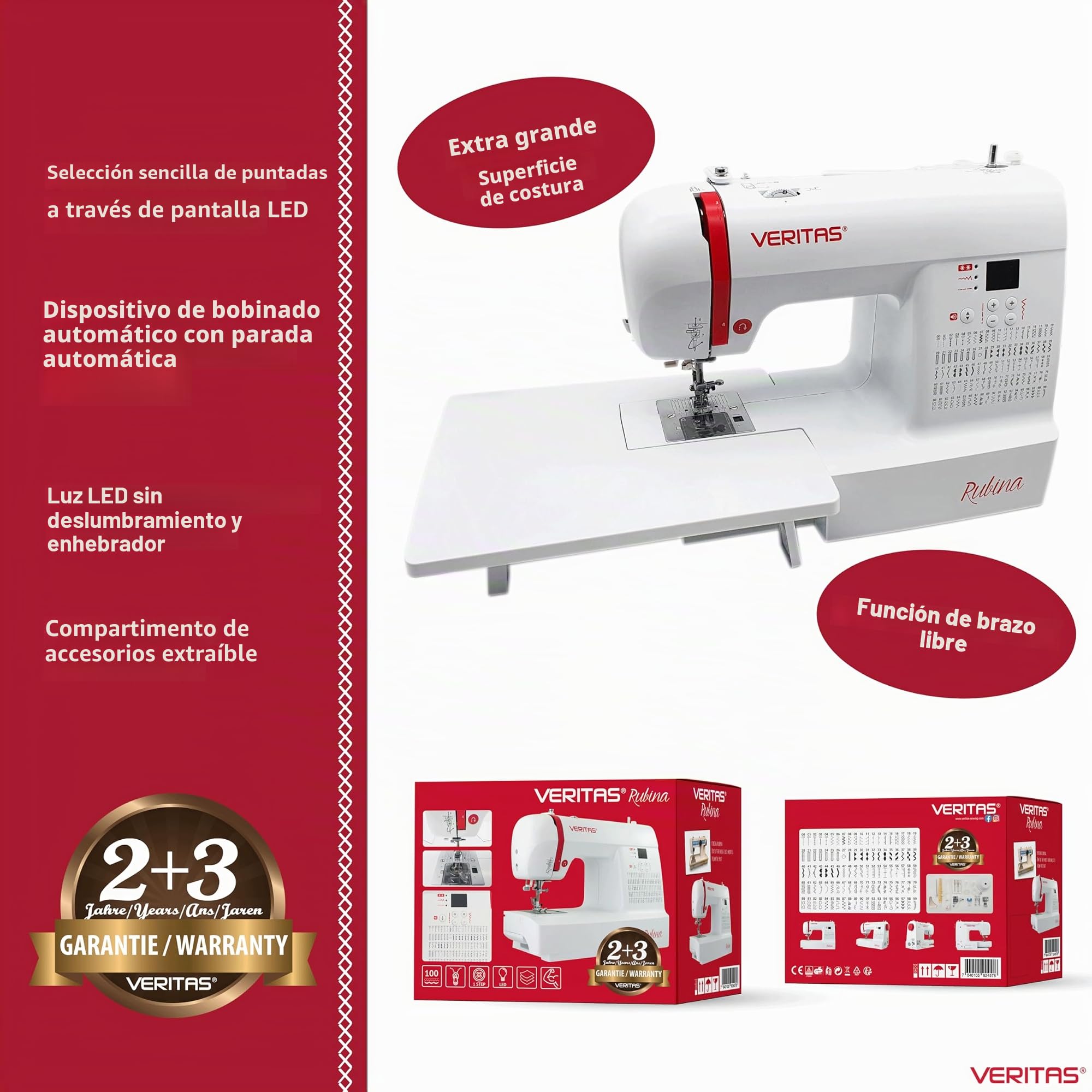 VERITAS Máquina de coser Rubina I Máquina de coser digital para ordenador, 100 programas de puntada, tensión de hilo automático y ayuda para enhebrar, cortahilos, longitud de puntada ajustable,