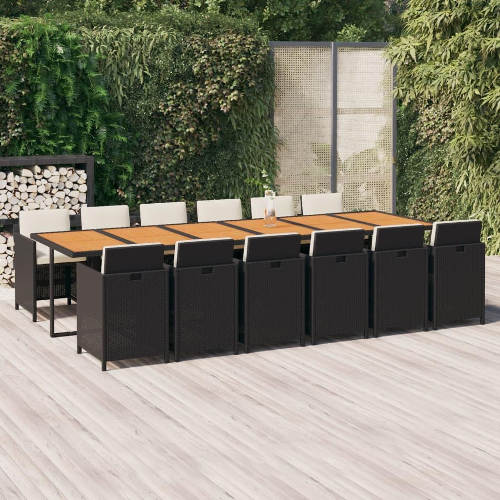 Conjunto de comedor de jardín con cojines de polirratán negro de 13 piezas para jardín, terraza, balcón, modelo sin reposapiés, 95626
