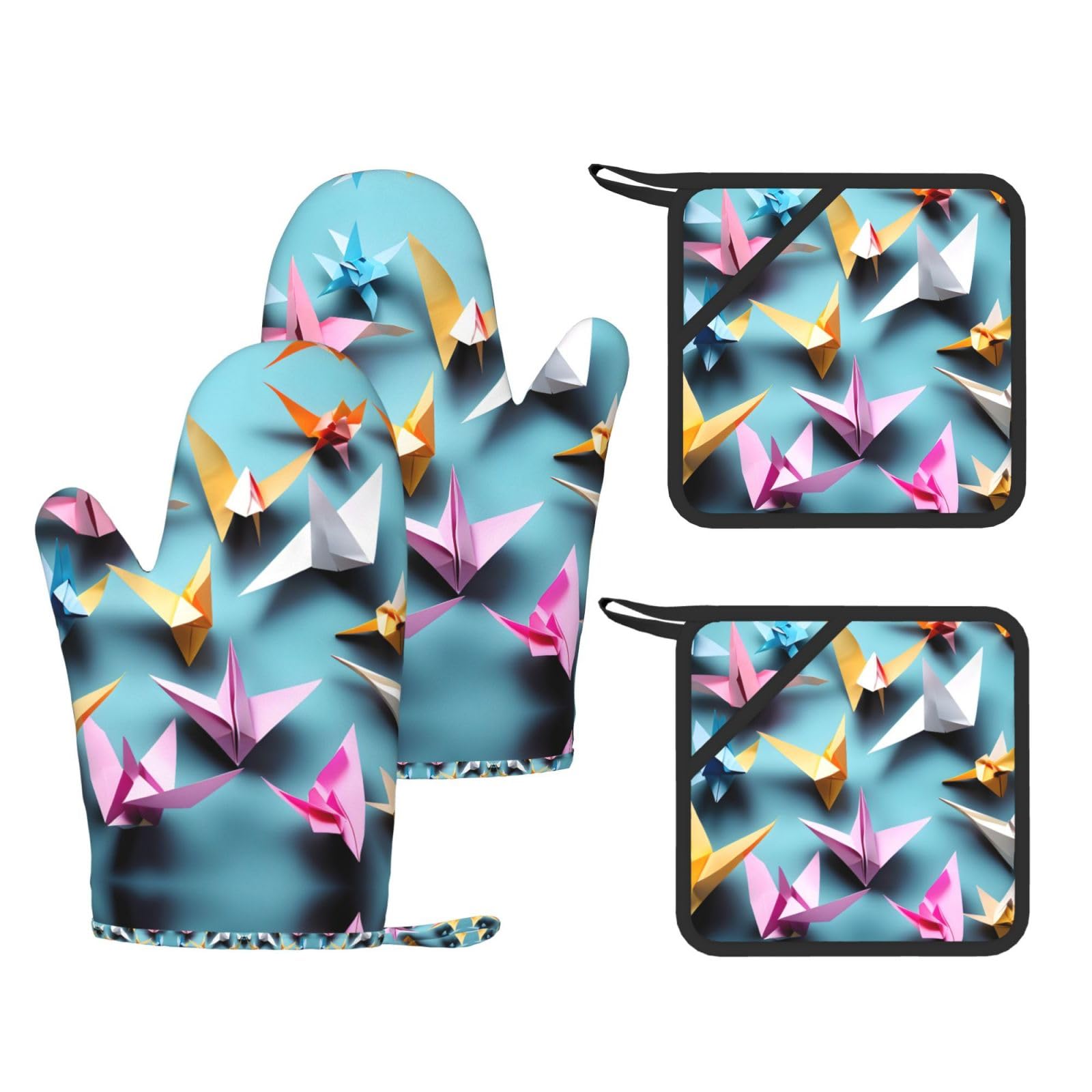 Origami Paper Cranes Printed Pot Holders and Oven Mitts 4-Piece, Non-Slip Kitchen Gloves with Utensil Pocket for BBQ