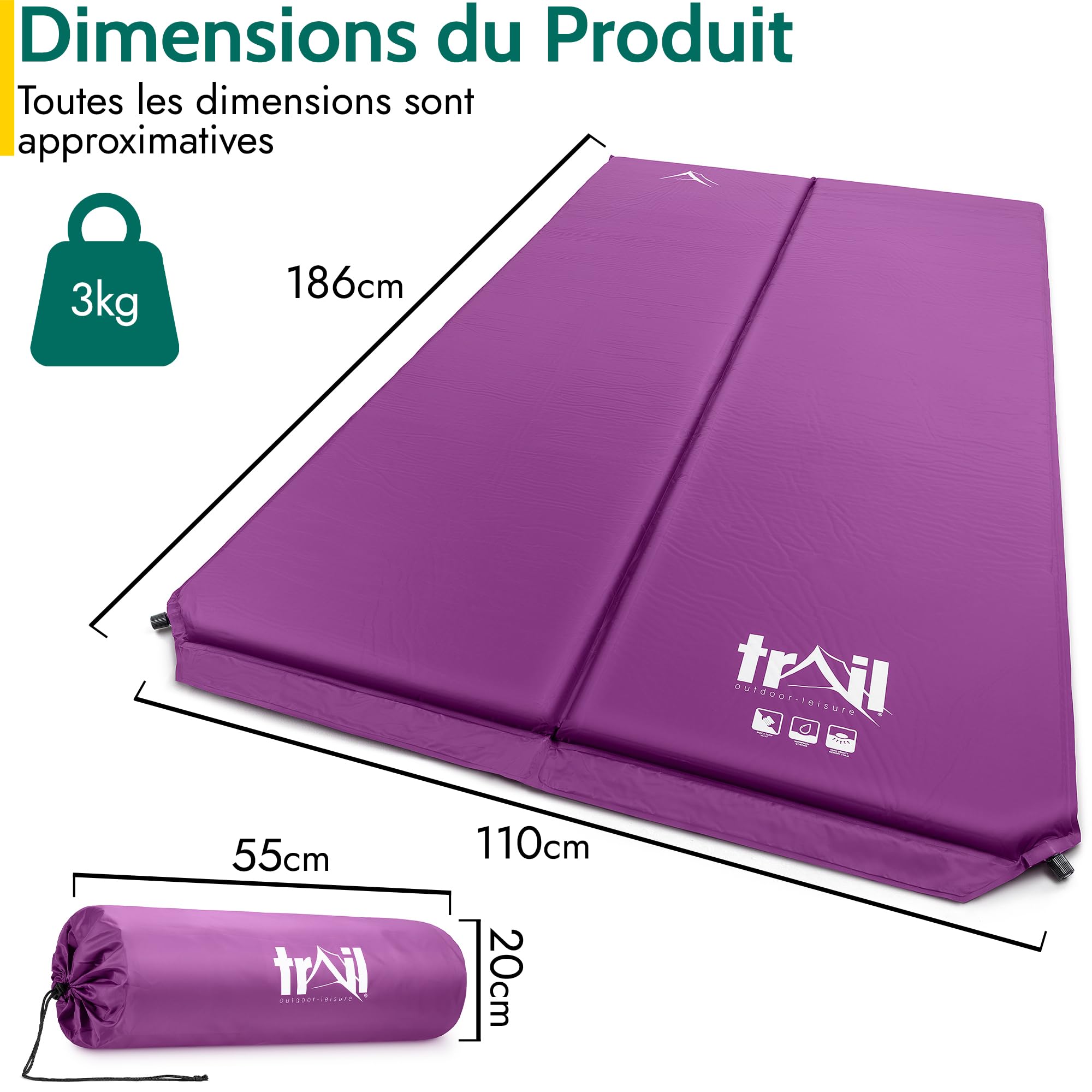 Colchón autoinflable de Matrimonio, Ideal Para acampar, Extra gruesa 5 cm, Color Morado, tamaño 5cm Thick, Double, 7.05, 15.75 x 15.75 x 21.65inches