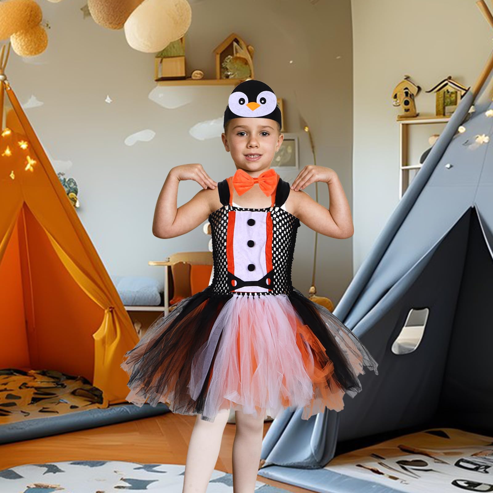 Healvian 1 zestaw kostiumu pingwina cosplay: Halloweenowa sukienka tutu z pingwinem, opaska na głowę, muszka, przebranie zwierząt, strój na Halloween, Boże Narodzenie, urodziny, artykuły na imprezę