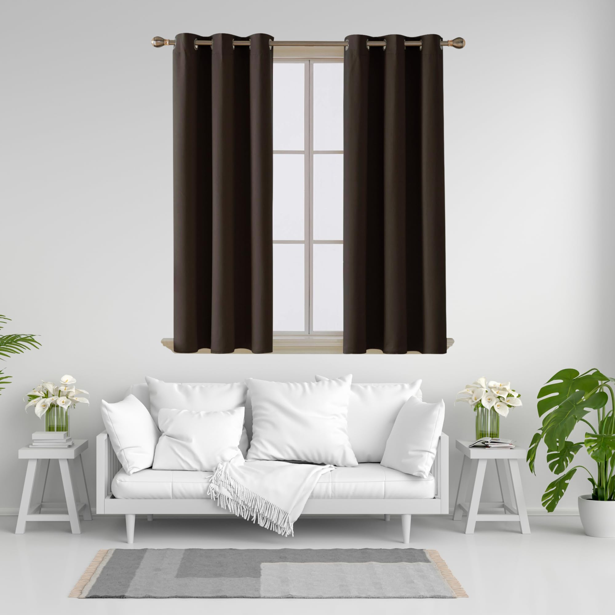 J.Din Blackout Curtains for Bedroom/Living Room, Black out super soft Thermal Insulated curtains & drapes, Ring Top Eyelet Curtain for window, 2 Panels with Tie backs (Dark Brown, W90 x L108)