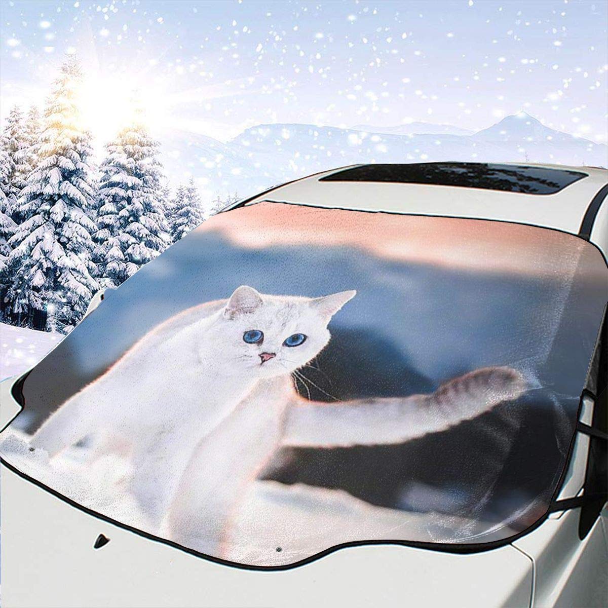 Amazon 車用サンシェード かわいい青い目と白い猫 フロントガラス 日よけ 紫外線を遮断するサンバイザープロテクター サンシェードはあなたの車を涼しく保ちます ミラー ポケット フィットセダンとハッチバック サンシェード 車 バイク