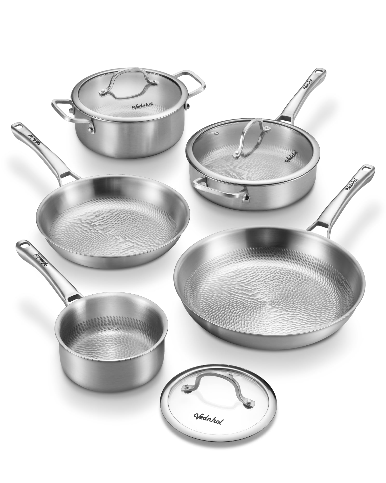 VEDNHOL Titanium Pans for Cooking | 8 Pcs Titanium Hammered Pro frying Pans with Lid | No…