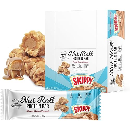 Genius Gourmet SKIPPY Peanut Butter Flavor Inspired Protein Nut Roll Bar,11g Protein per serving(18% DV), 0g Added Sugar, Carb Conscious Snack Bar, Gluten Free – 10 Count