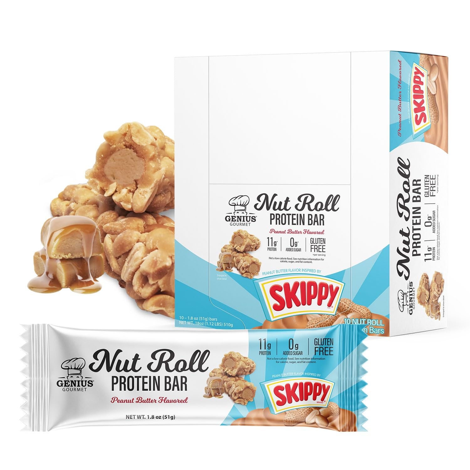 Genius Gourmet SKIPPY Peanut Butter Flavor Inspired Protein Nut Roll Bar,11g Protein per serving(18% DV), 0g Added Sugar, Carb Conscious Snack Bar, Gluten Free – 10 Count Genius Gourmet SKIPPY Peanut Butter Flavor Inspired Protein Nut Roll Bar,11g Protein per serving(18% DV), 0g Added Sugar, Carb Conscious Snack Bar, Gluten Free – 10 Count