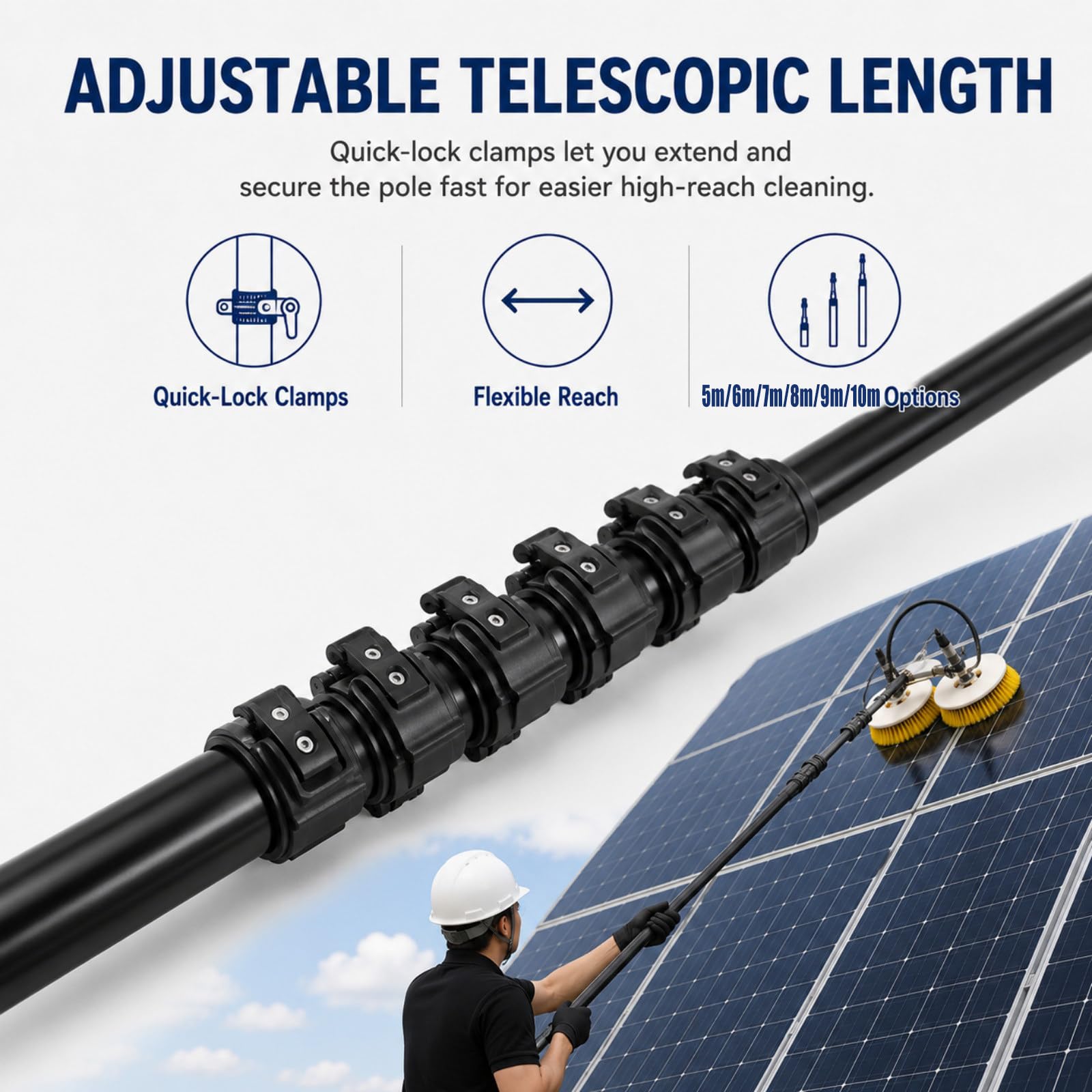 Cepillo Limpieza Panel Solar Doble Cabezal, Cepillo Motorizado con Anchura de Limpieza 70 cm, Mango Telescópico 5 m/6 m/7 m/8 m/9 m /10 m para Módulos Fotovoltaicos 7m