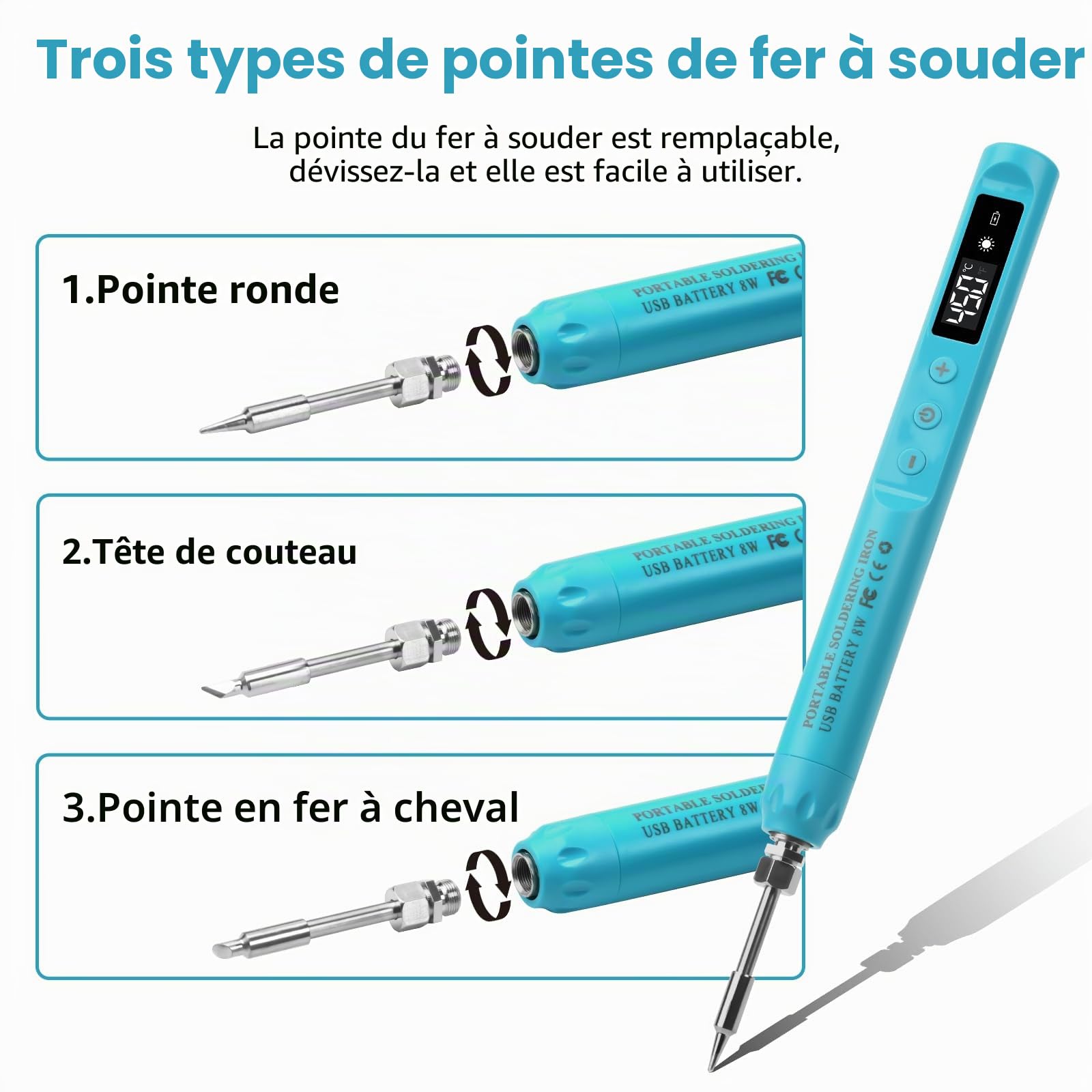 Fer à souder rechargeable USB-C, stylo à souder sans fil portable avec écran LCD, température réglable de 200 °C à 450 °C, avec 3 pointes pour réparation électronique, fabrication de bijoux