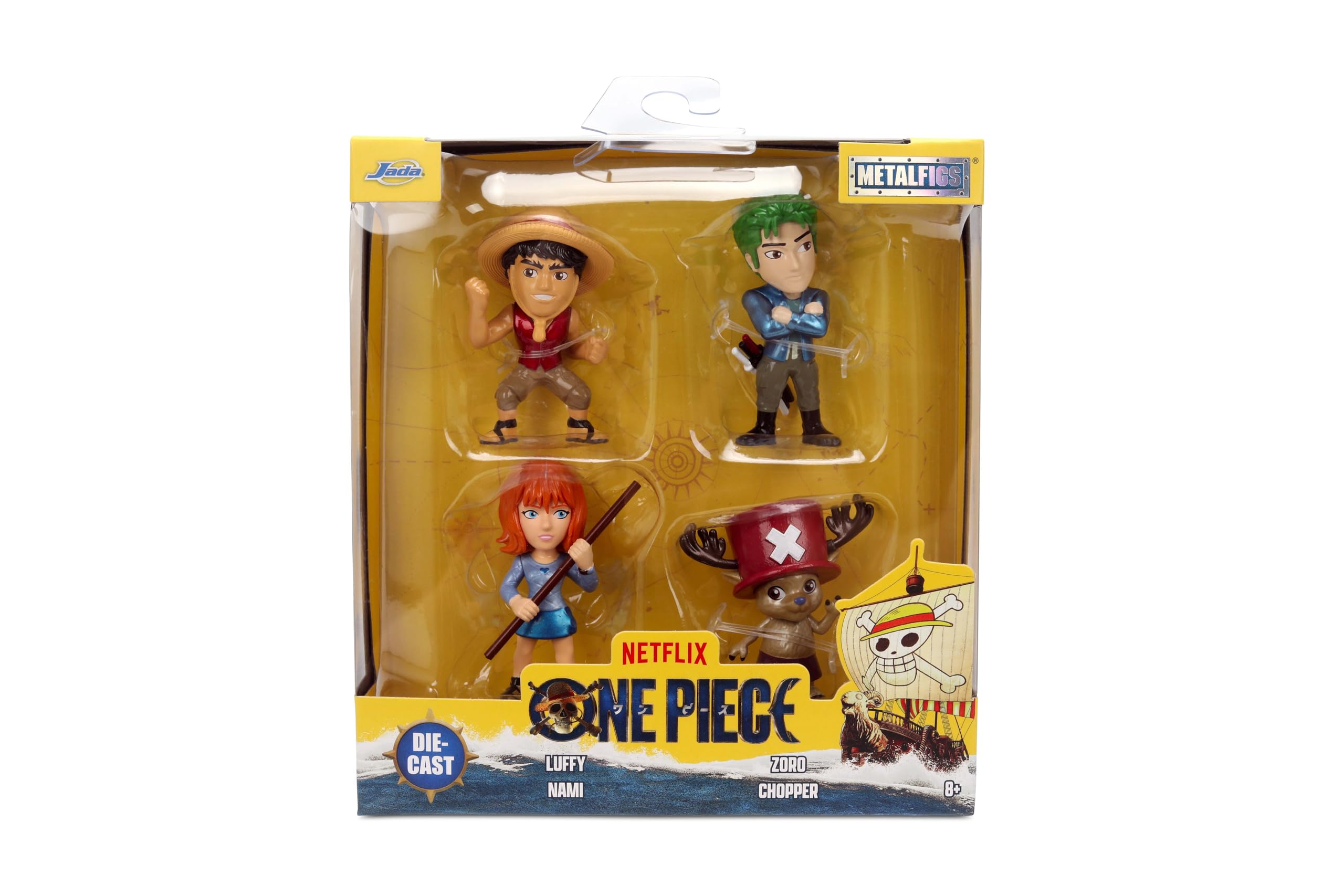 Jada Toys One Piece Netflix - Set di 4 statuine in metallo pressofuso serie 1, motivo: Rufy, Nami, Zoro e Chopper