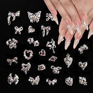 24PCS 3D Nail Charms & Gems Set, Sweet Cool Y2K Accessories with Bow, Heart, Bear, and Magic Wand Designs, Complete Nail Decor for Creative Art and DIY Nail Charms and Gems