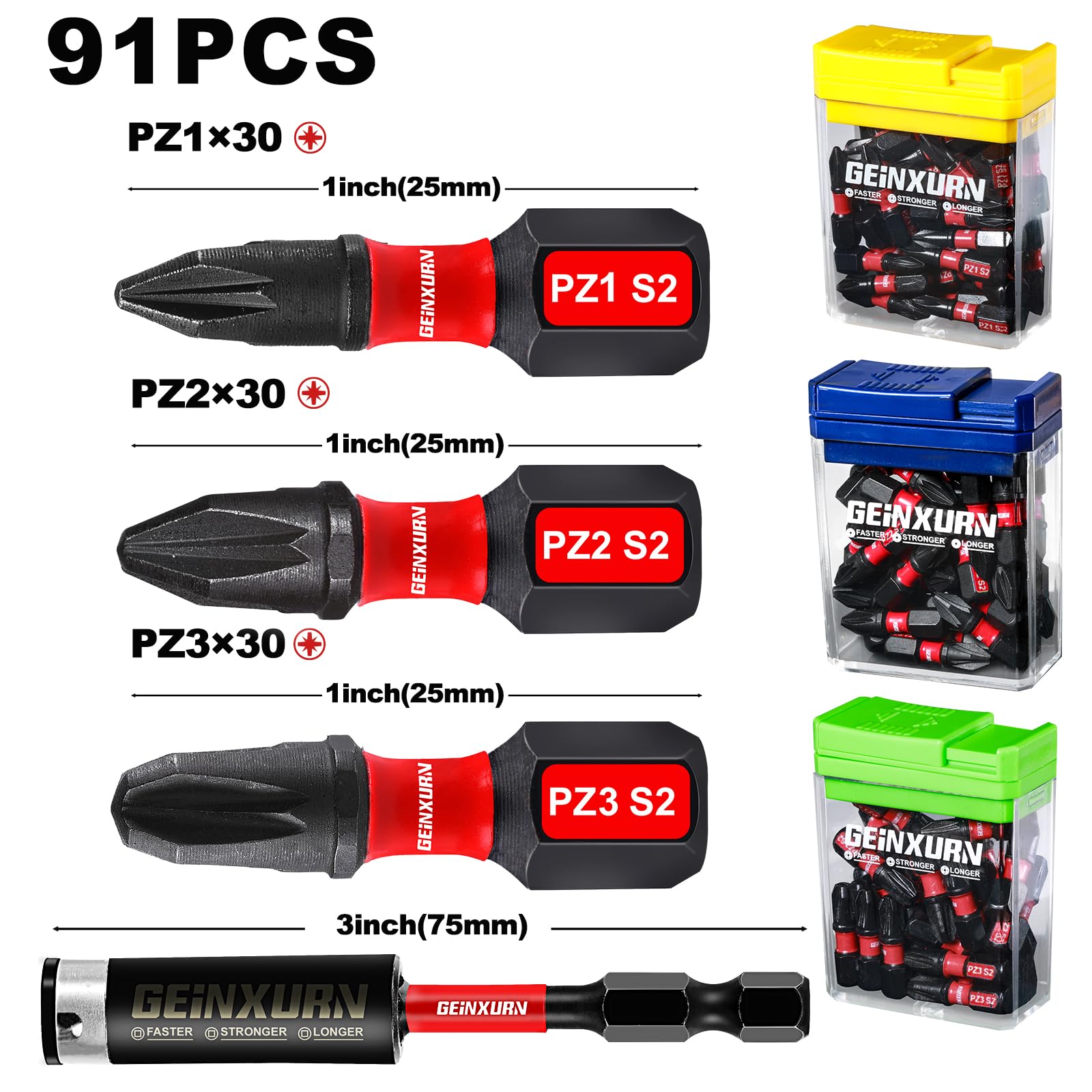 Geinxurn Impact Pozi - Juego de 90 puntas de destornillador magnéticas de 1 pulgada (PZ1/PZ2/PZ3) S2 de acero y 1 soporte de brocas con caja colorida de almacenamiento