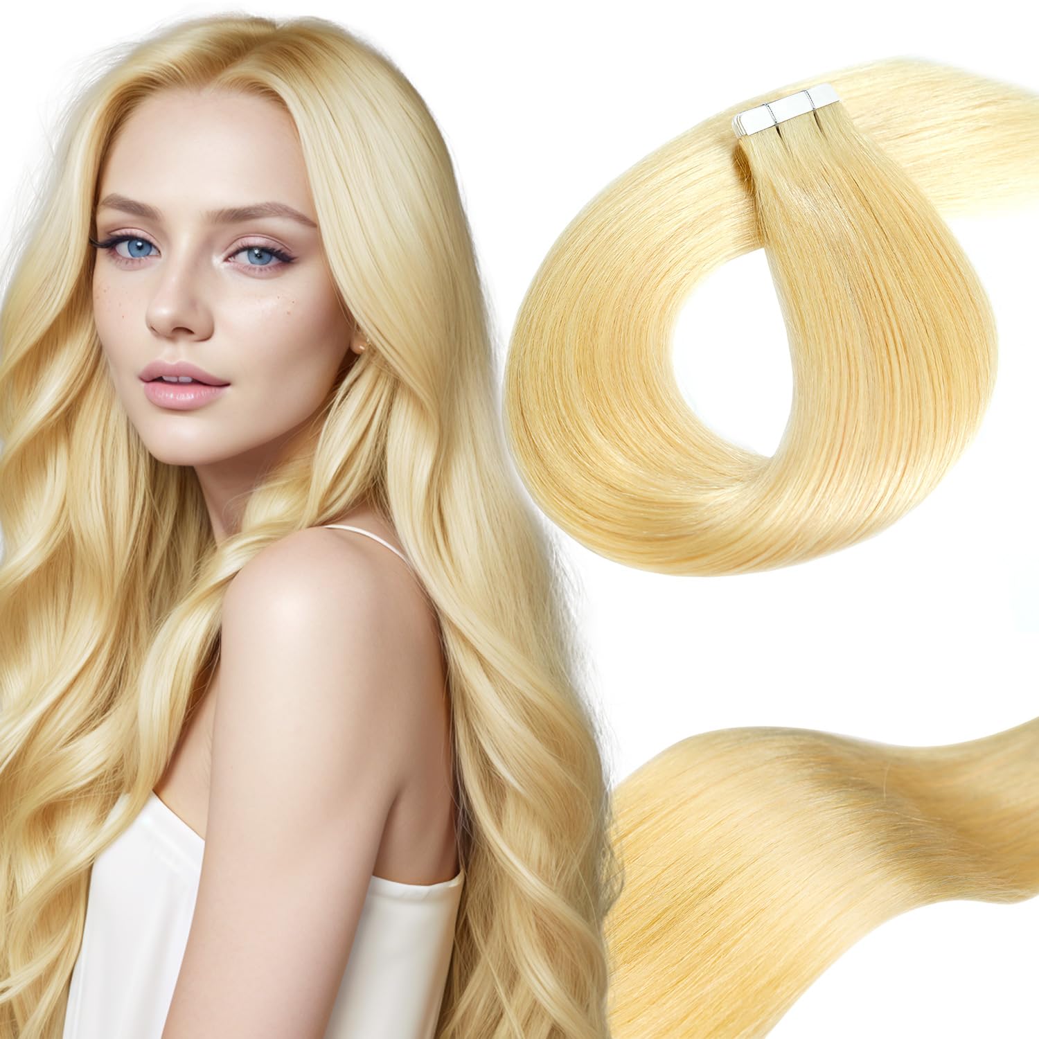 LieblichWelle Extension Capelli Veri Biadesivo Biondo Decolorato 60 cm, 20 pz, 50 g, Salon-Grade Qualità, Facili Comode da Indossare Per le Giovani Donne (Biondo Decolorato, 60 cm)