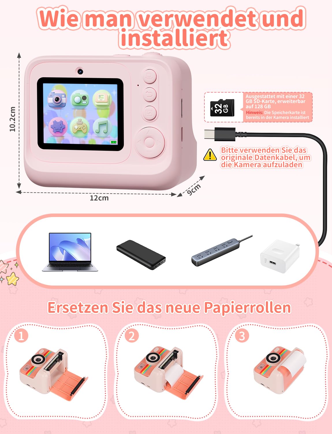 Sofortbildkamera Kinder, 1080P HD 2,4 Zoll Bildschirm Kinderkamera Sofortbildkamera mit 32GB Karte & 3 Rollen Druckpapier, LIORQUE Digital Kamera Kinder Sofortdruck mit 6 Farbigen Stiften (Rosa)