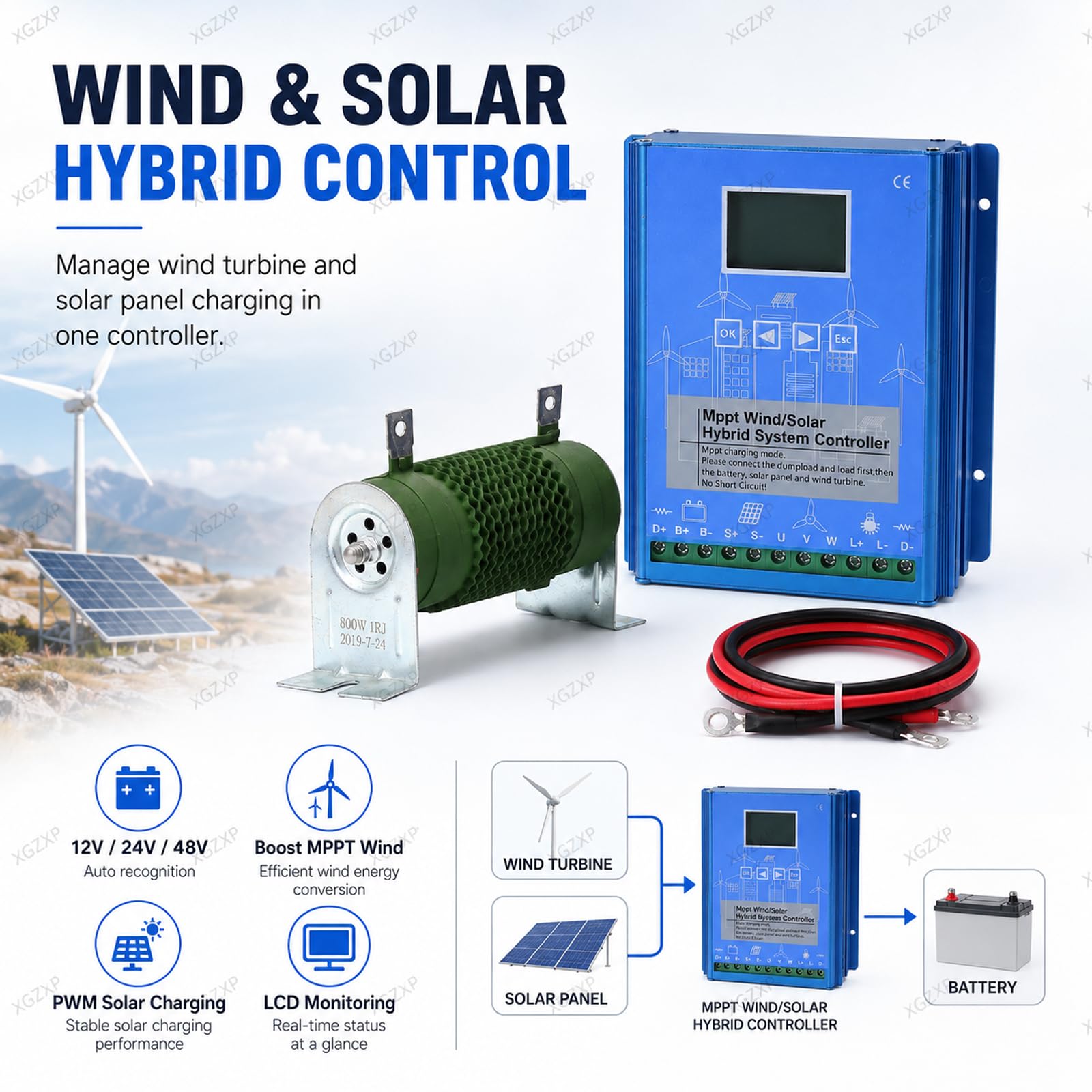 Hybrydowy kontroler energii wiatrowo-słonecznej z rozładowywaniem, hybrydowym kontrolerem ładowania słonecznego i wiatru, wyświetlacz LCD 12 V/24 V/48 V, MPPT Boost, do domków, łodzi