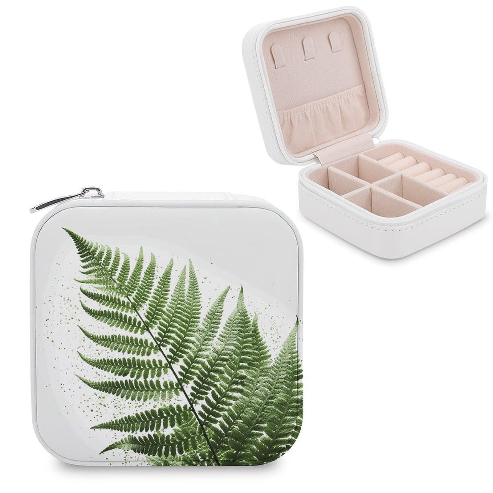 FekiLoot Natural Plant Silhouette Fern Leaf Jewelry Case Personalized Leather Jewelry Box Mini Travel Jewelry Case Small Portable Jewelry Organizer for Ring Earrings Necklace Bracelet