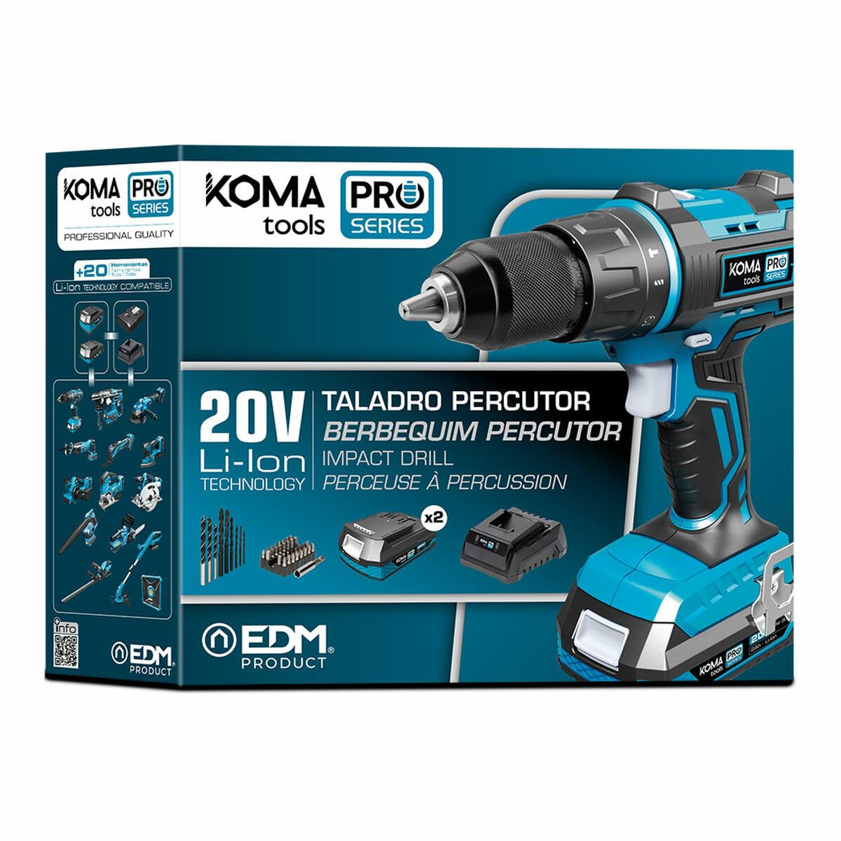 KOMA TOOLS 08750 zestaw wierteł udarowych, 20 V i ładowarka, różne kolory, 34,5 x 30,5 x 10,3 cm