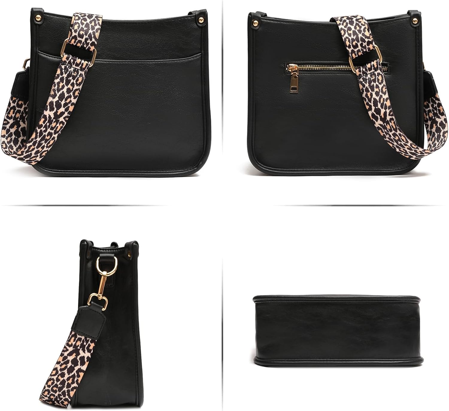 KOGTLA Black Crossbody Bags for Women with Leopard Print Strap, Womens Vegan Leather Purses and Handbags | Leopard Print Strap