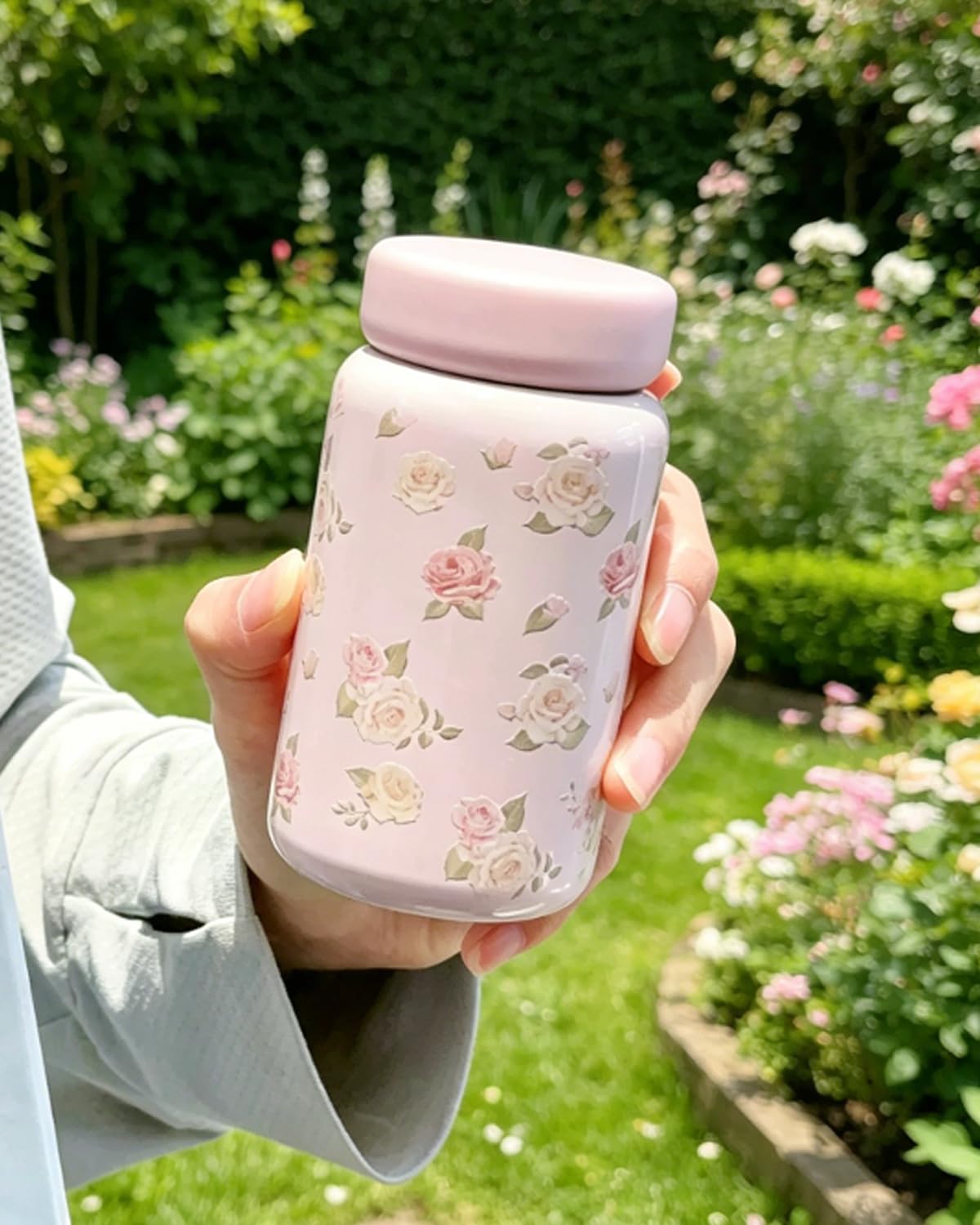 1 Pcs Cute Floral Pattern Vacuum Insulated Water Bottle 200ml, Mini Stainless Steel Thermal Cup with Tea Infuser, Portable Leak-Resistant Travel Mug for Women, Pink