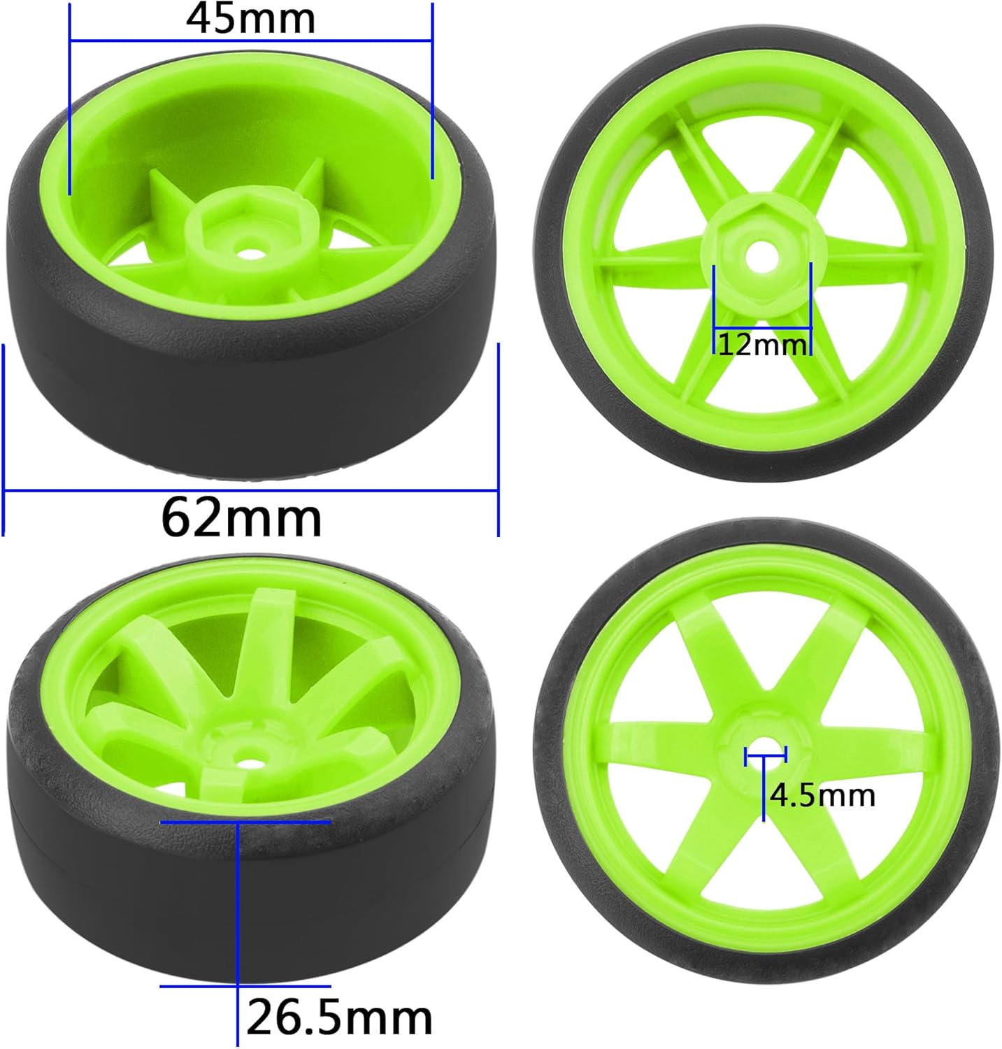 ShareGoo 4PCS/Set 1/10 Drift Car Tires,62mm Hard Plastic Tires & Wheel Rims 12mm Hex Compatible with Traxxas HSP Tamiya HPI Kyosho Wltoys RC 1/10 On Road Drift Drifting Car (Green)