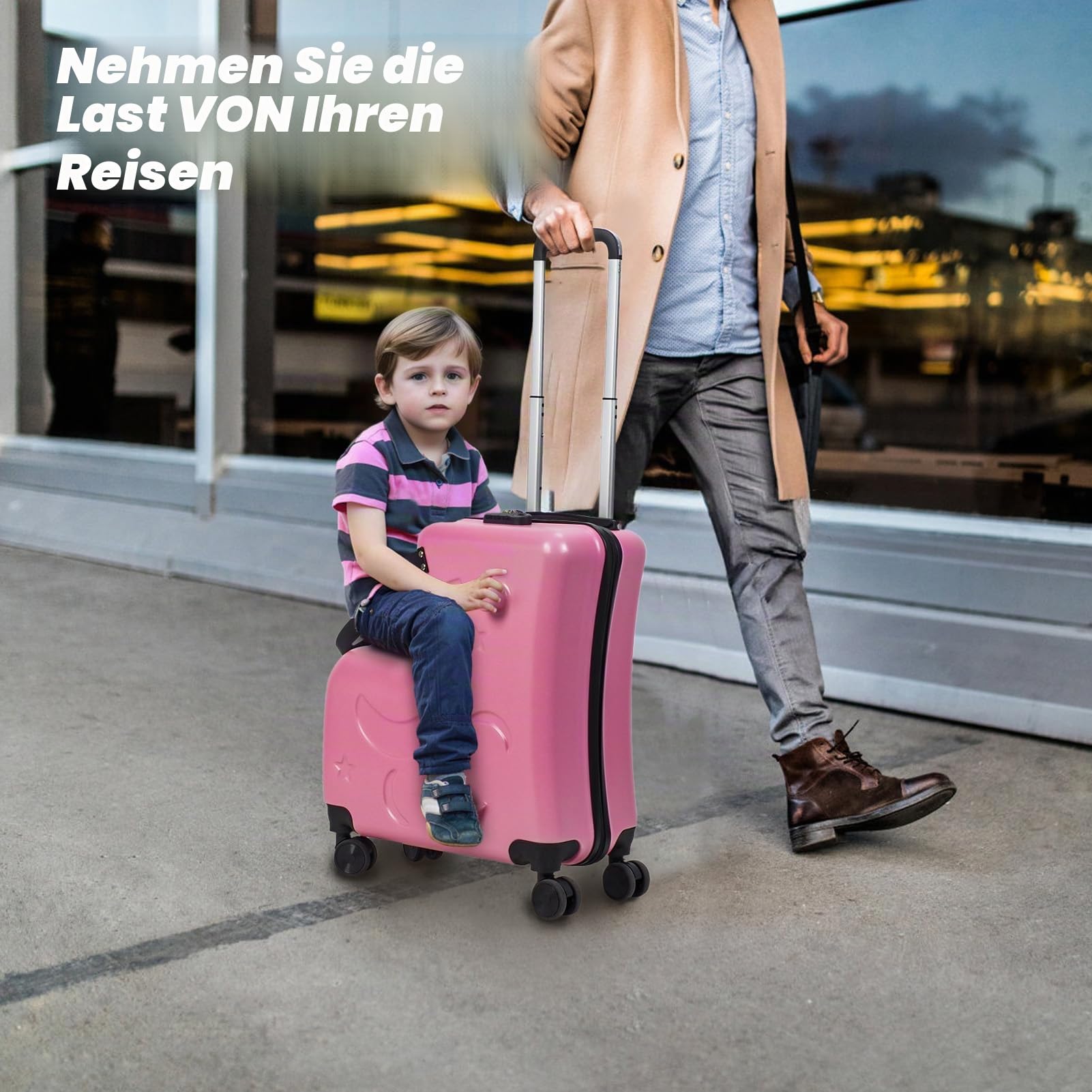 Rolling Kid Trolley mit Sitz, Rosa, Klassisch | Rollen und Gürtel, 4 Lenkrollen, Großes Fassungsvermögen, Für Flugzeug/Zug, Langlebiges Handgepäck