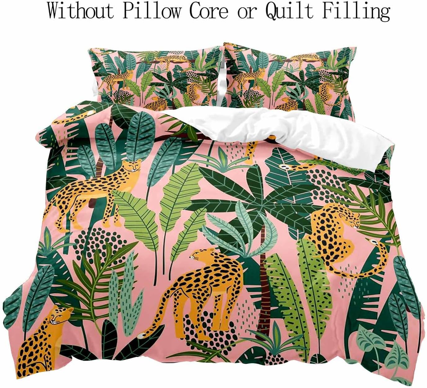 LUVIVIHOME 3PCS Leopard Duvet Cover Queen Bedding Sets, Pink Duvet Cover, Boho Aesthetic Tropical Plant Green Leaves Botanical Safari Jungle Animals Cheetah Print Comforter Quilt Cover, 2 Pillow Cases