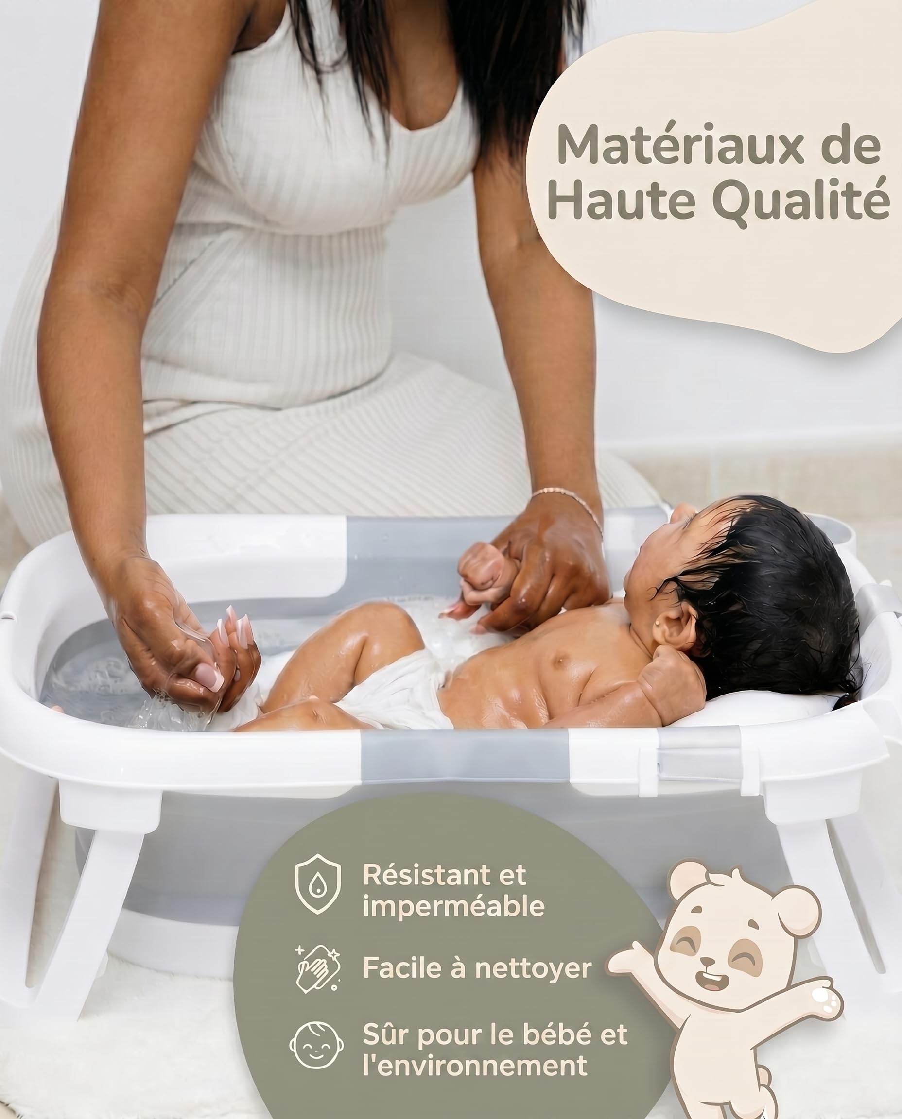VALBABY Baignoire Pliable Bébé Portable avec Coussin Antidérapant Design Panda Grand et Rembourré Bain Baby Bath Tub