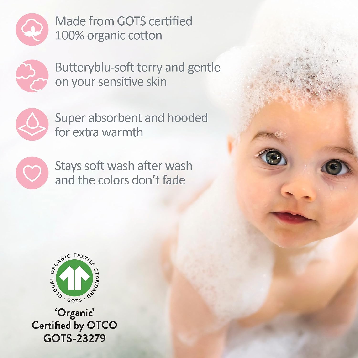 Butterblu Harper - 100% Organic Cotton Hooded Towels in Soft and Absorbent Baby Terry, 3-Pack, Pink, One Size