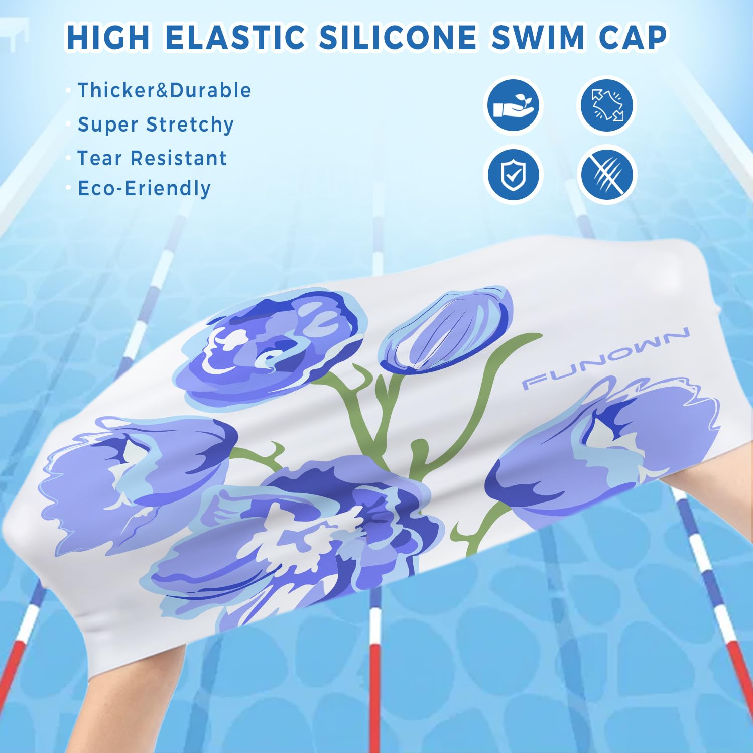 Bonnet De Bain Silicone Femme – Motif Floral, Antidérapant Intérieur | Pour Cheveux Longs, Confortable | Piscine, Natation, Eau Libre