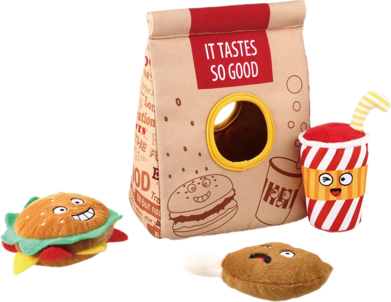 GiGwi Sounding Dog Toy, Dog Plush Toy Hide and Seek Burger Set