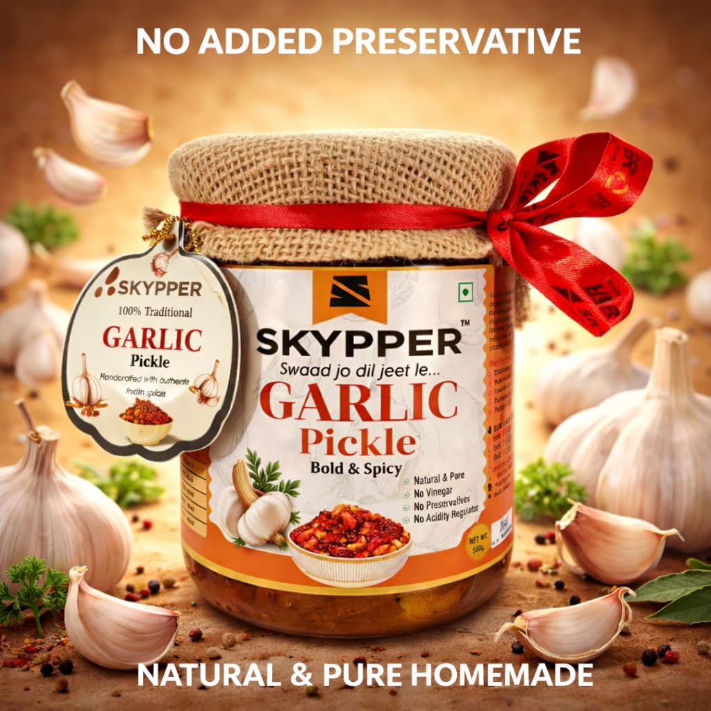 Skypper Garlic Pickle 500g | Authentic Bold & Spicy Indian Achar | Hand-Peeled Garlic, Sun-Dried & Pickled in Cold-Pressed Mustard Oil | 100% Natural, No Artificial Additives & No Chemicals | Food Graded Glass Jar - Image 4 thumbnail