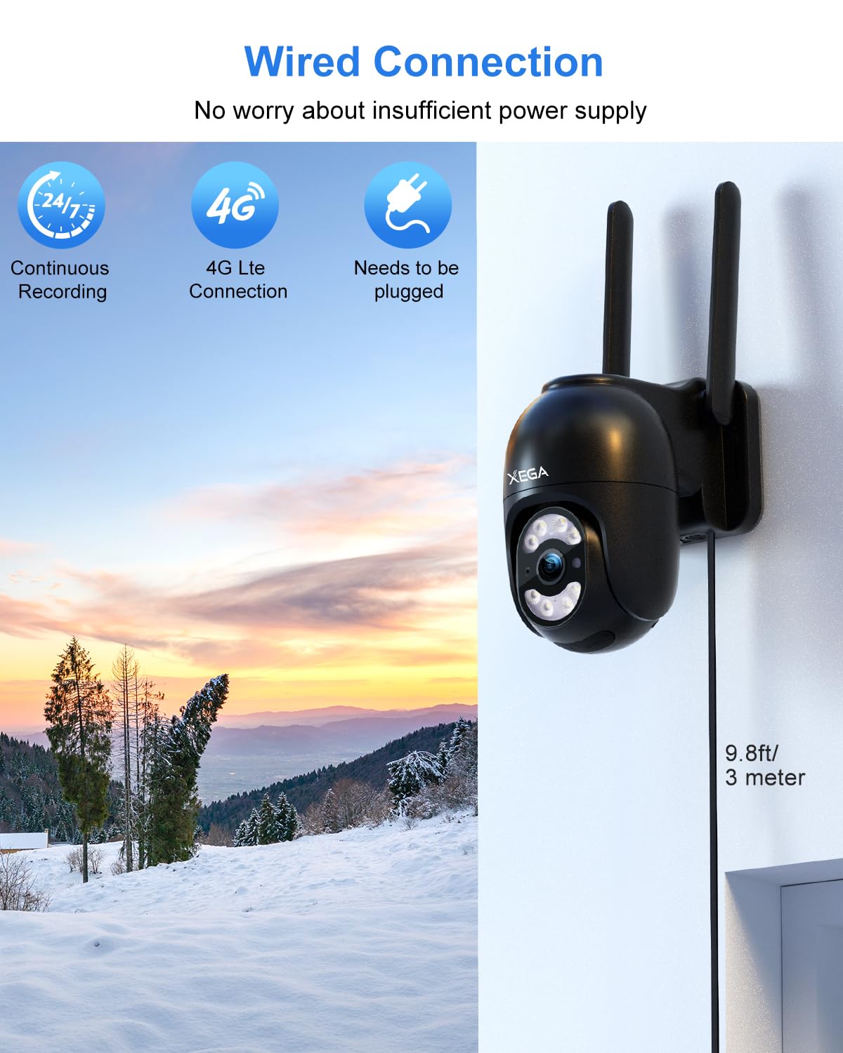 Xega 4G Camara Exterior con Tarjeta SIM, 24/7 Grabación Continua Cámara Vigilancia con Cable, PTZ 355°/100°, Detección Humano Seguimiento Automático Visión Nocturna Luz Sonido Alarma【Carga por Cable】
