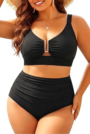 Plus Size High Waist Bikini U-Wire Cutout Tummy Control Two Piece Swimsuit
