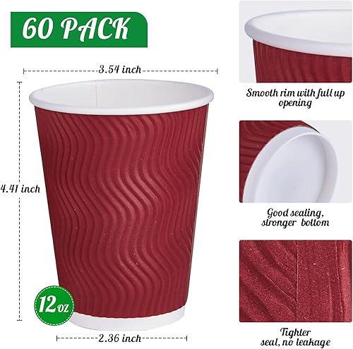 Miniatura 2 de Paquete de 60 vasos de papel, tazas de café desechables de 12 onzas, tazas de bebidas rojas calientes con pared ondulada aislada, tazas de papel